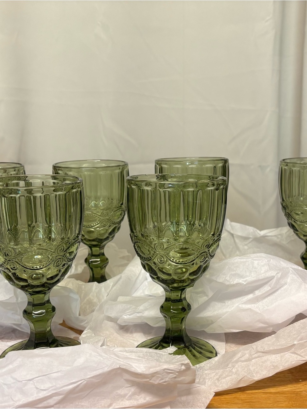 Green Pressed Glass Goblet - Elegant Olive Wine Glass (Set)